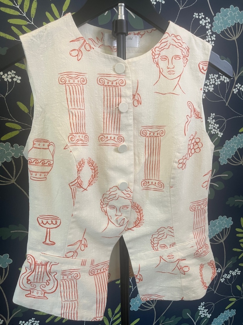 Shipwreck Ltd Greco Roman Print Vest Top Small Cream Button Front